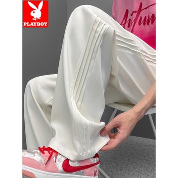 花花公子休閑褲男生復古高級垂感冰絲褲潮牌寬松條紋直筒褲子薄款