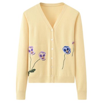 鄂爾多斯市產純羊絨衫女開衫V領短款刺繡黃色毛衫針織衫毛衣E2136