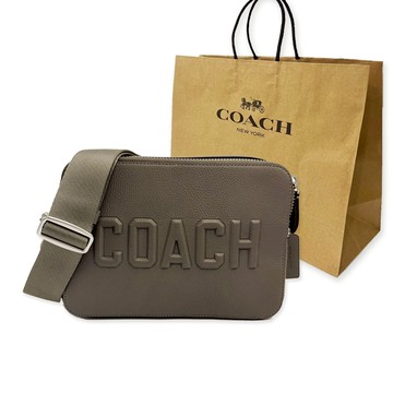 【COACH】專櫃款字母LOGO男款雙層斜背郵差包附紙袋(灰)
