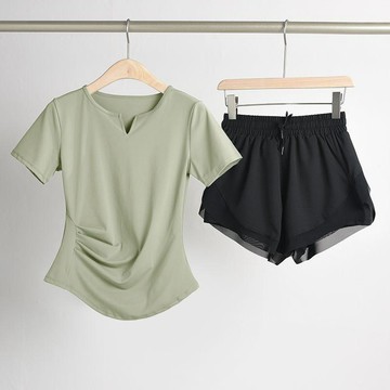 狂銷萬件📈運動健身套裝女夏跑步速幹瑜伽服上衣顯瘦T恤V領收腰顯瘦緊身短袖12DJ