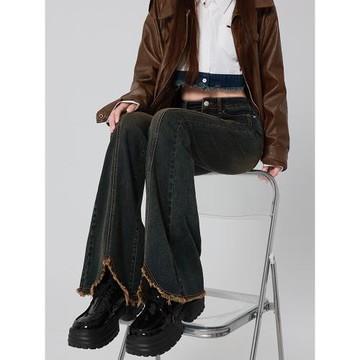 美式復古開叉微喇牛仔褲女2025年秋冬新款高腰修身顯瘦毛邊馬蹄褲