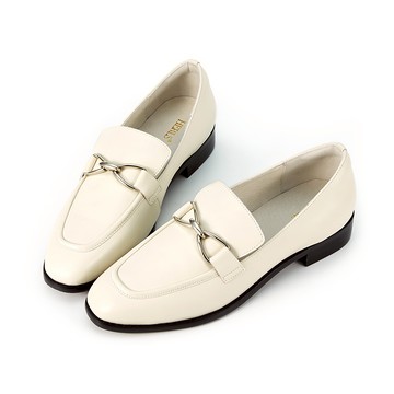 [獨家訂製楦型] 全真皮蝴蝶結釦飾小方頭低跟樂福鞋 白色