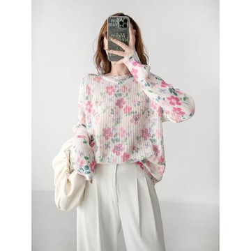 秋裝2025新款洋氣減齡顯白粉色燙鉆花朵圓領時尚顯瘦針織衫上衣女