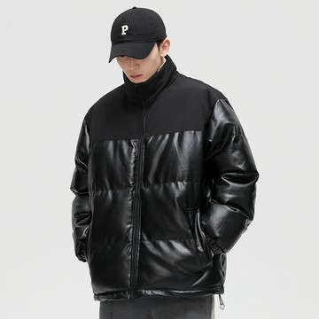 LARGE STORE 素面禦寒寬鬆落肩皮衣外套 立領寬鬆落肩 防潑水皮衣 男生外套 機車外套 情侶外套(PY9898)