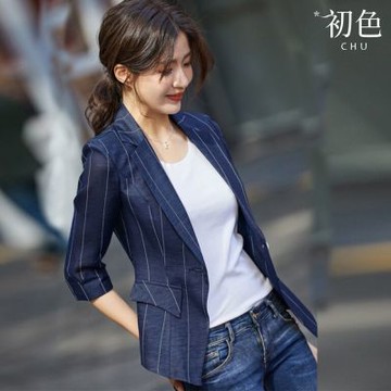 初色 條紋西裝領翻領七分袖薄款修身西裝外套女外套-共3色-37701(M-3XL可選)