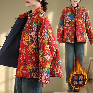 亞麻文藝棉服女冬短款冬季東北大牡丹花夾棉加厚棉襖復古寬松棉衣