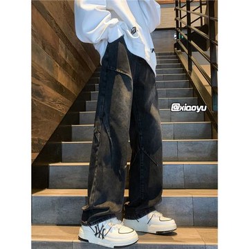 美式復古風牛仔褲男春秋季潮流高街大碼寬松水洗闊腿直筒休閑褲子