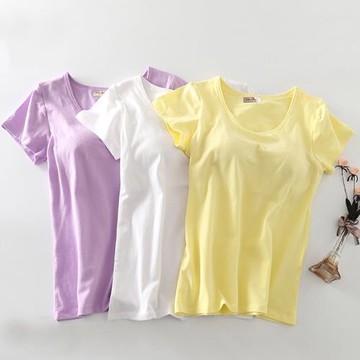 純棉女帶胸墊免文胸罩杯一體半袖T恤短袖顯瘦性感休閑修身打底衫