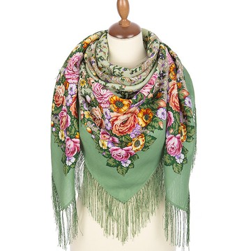 Pavlovo Posad 俄羅斯披肩 100% 羊毛圍巾 125x125 公分 絲綢流蘇 1818-9