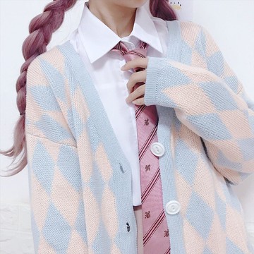 秋日系學院風菱格紋毛衣外套+蝙蝠袖白襯衫領帶+系帶百褶裙套裝女1入