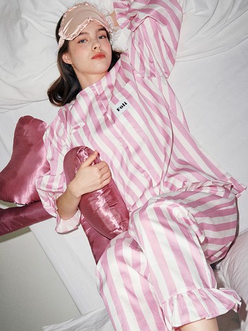 Ruffle Trim Pajama Set, Pink Stripe