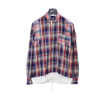 Sacai 玩味拼接設計款 春夏透氣格紋棉麻小方領襯衫 夾克外套 1碼