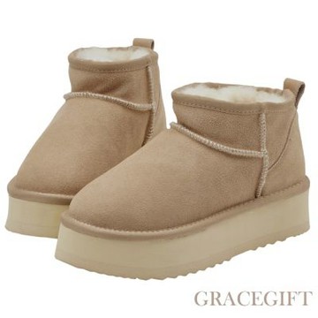 【Grace gift】經典百搭牛麂皮羊毛短筒厚底雪靴 杏