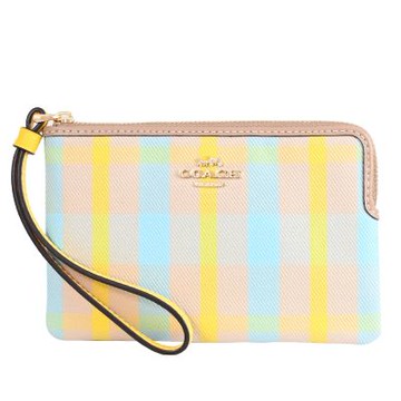 COACH 金屬LOGO撞色格紋帆布拉鍊小手拿包(彩色)