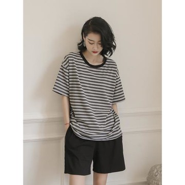 HEARMES 睡衣女春夏天純棉薄款短袖條紋可外穿夏款綿綢家居服套裝