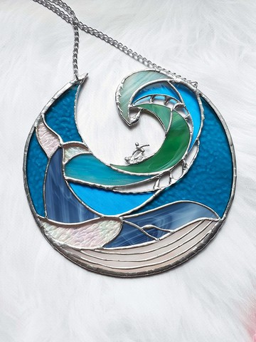 彩色玻璃鯨魚捕夢網彩色玻璃海浪裝飾太陽捕手