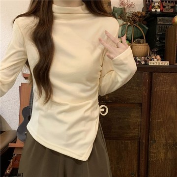 超軟糯半高領德絨打底衫女秋冬內搭修身顯瘦不規則抽繩保暖上衣潮