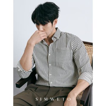 秋季氣質型男 泡泡紗休閑條紋襯衫復古做舊高級感吸濕透氣襯衣男