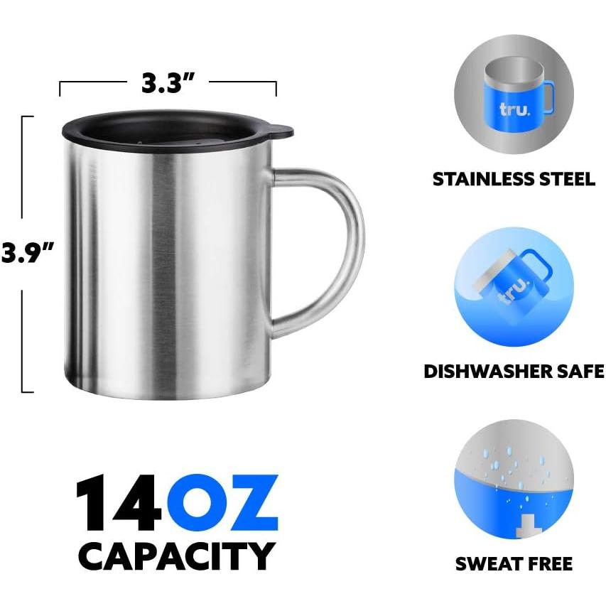 Stainless Steel Coffee Mug with Lid  Set of   14 oz Premium Double Wall Insulated Travel Cup  Metal Mug with Handle   Shatterproof  BPA Free  Dis