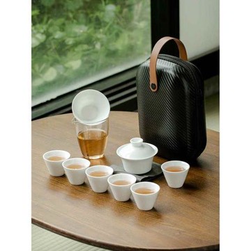 便攜式旅行茶具蓋碗套裝羊脂玉白瓷功夫泡茶器戶外隨身六人快客杯