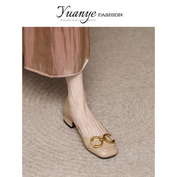 原野金屬扣方頭粗跟瓢鞋真皮法式休閑氣質單鞋子女春秋2025年新款