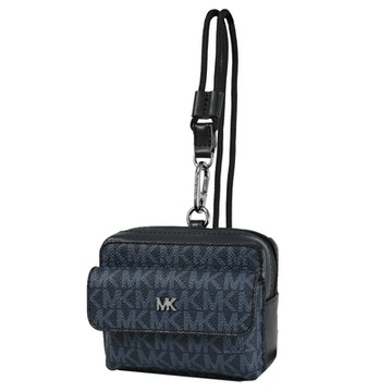 MICHAEL KORS GIFTING 經典MK印花鑰匙釦卡片零錢包/隨身小廢包禮盒組(深藍/黑-附頸掛帶)