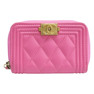 【二手名牌BRAND OFF】CHANEL 香奈兒 粉色 菱格紋 羊皮 Boy 零錢包