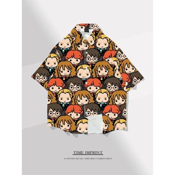 Q版哈利波特襯衫滿印花夏威夷風沙灘套裝T恤寬松衣服情侶裝速干衣