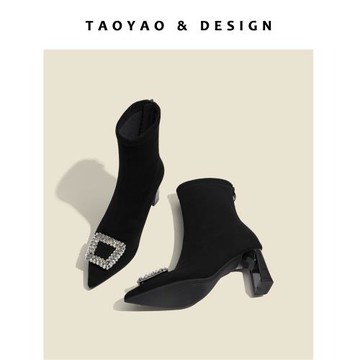 法式水鉆黑色高跟短靴女2025秋冬新款百搭氣質后拉鏈彈力瘦瘦靴子
