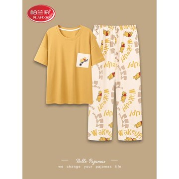 帕蘭朵純棉睡衣女士夏季短袖長褲套裝薄款夏天韓版可愛大碼家居服