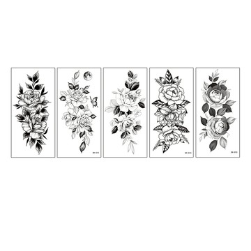 素描玫瑰花黑白紋身貼紙5件組  黑色  1組
