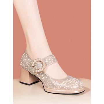 新款皮鞋女配旗袍鞋高跟鞋厚底防水臺女鞋粗跟一字扣中跟珍珠單鞋