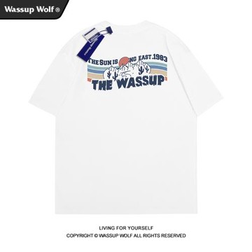 Wassup Wolf夏季純棉短袖T恤男潮牌字母印花半袖美式休閑情侶上衣