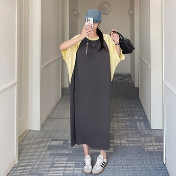 [巴黎精品] 長洋裝寬鬆連身裙-棉質舒適拼色五分袖女裙子a1eq69