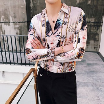 FINDSENSE 品牌 2019 春季新款 動漫 印花  個性 社會 男青年  長袖 免燙 襯衫