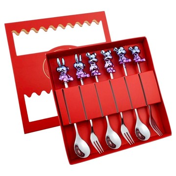 Xingcheng 星橙 410不鏽鋼炫彩公仔勺叉餐具套裝 六件套 6A3 銀色  1套  茶匙 + 叉子