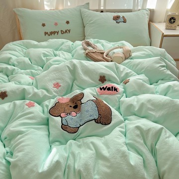 床用純水洗棉床包組 床包四件套 卡通kt貓貼布繡床包四件組 可愛毛巾繡 云朵棉質 被套四件套