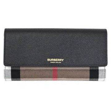 BURBERRY HALTON 經典格紋帆布拼接釦式長夾(黑邊)