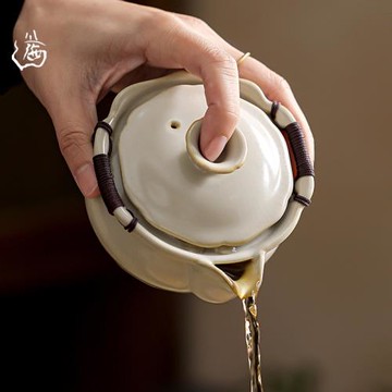 米黃汝窯大號蓋碗茶杯防燙單個泡茶不燙手手抓壺茶碗高檔茶具套裝