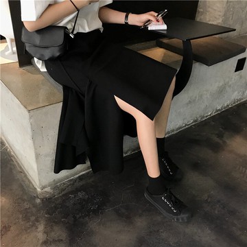 夏季ins超火純色中長裙不規則半身裙百搭顯瘦高腰A字裙女裙子1入