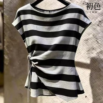 初色 法式休閒風撞色條紋綁帶收腰圓領短袖T恤上衣女上衣-條紋-52459(M-XL可選)