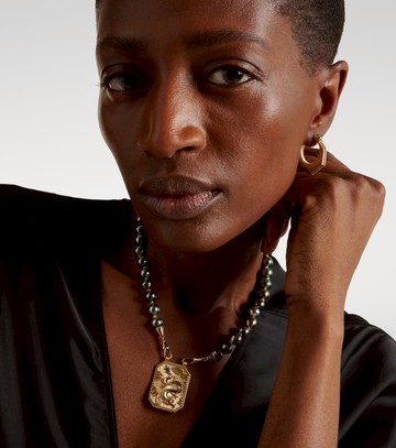 Marie Lichtenberg Dragon 18kt gold necklace with pearl and rubies