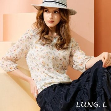LUNG.L林佳樺 米白碎花輕薄楊柳紗七分袖女裝上衣 LW20A