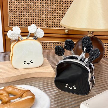 可愛面包果叉子水果簽家用客廳果叉果插創意陶瓷高級感收納罐套裝