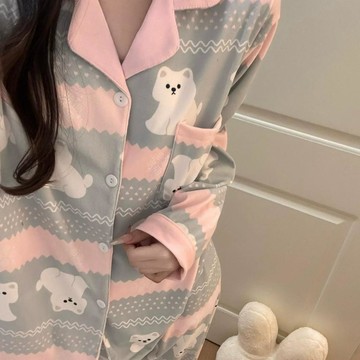 熱銷💖秋冬新款加厚德絨睡衣女韓系撞色可愛小狗寬鬆長袖舒適家居服套裝 長袖睡衣 冬季睡衣套裝 保暖居家服 女生睡衣