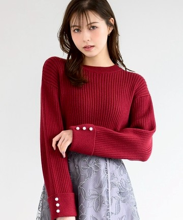 簡約優雅珍珠袖羅紋針織衫(MM448320)