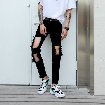 FINDSENSE品牌 2019春季 新款 韓國 暗黑 個性 大破洞 修身 純色 九分牛仔  束腳 小腳 髮型師潮男褲子