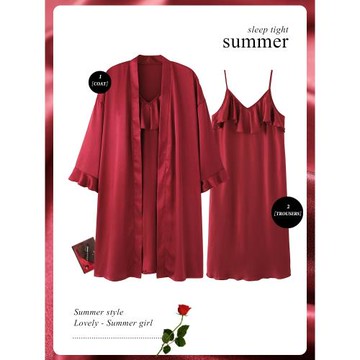 思莉太太睡袍女夏季情侶睡衣冰絲睡裙紅色本命年結婚婚禮新娘晨袍