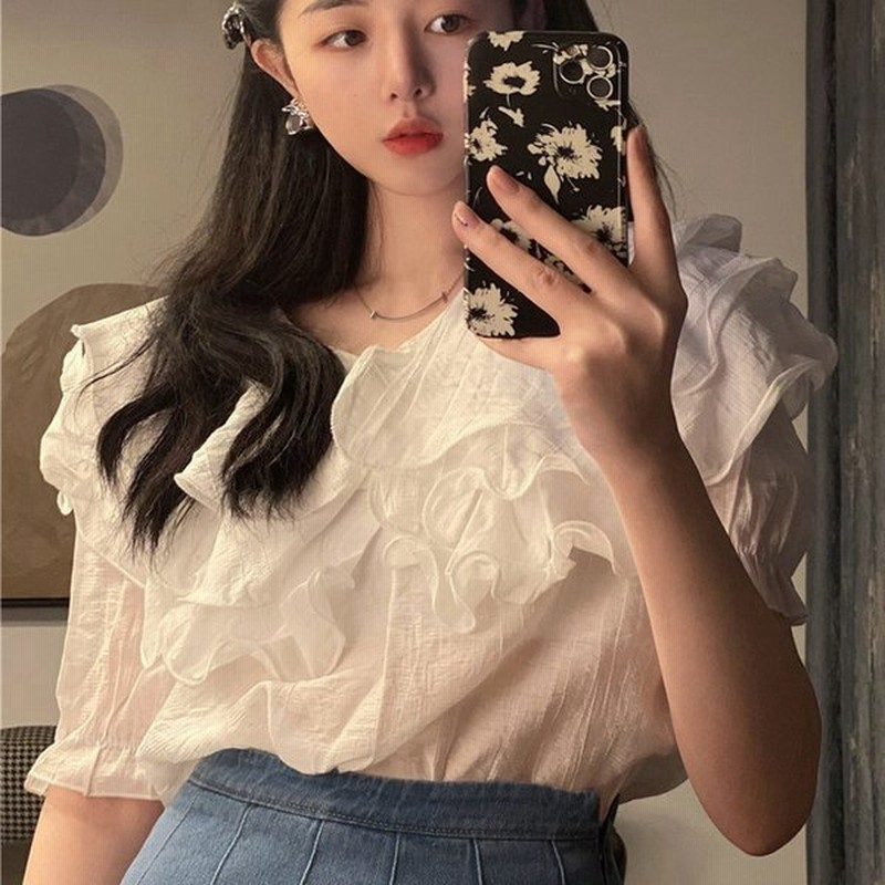 フリル ブラウス 白 シアーブラウス 透け フリルシャツ カットソー 夏 半袖 ラウンドネック 無地 ガーリー 上品 大人 デイリー 透け ゆったり 通販 Lineポイント最大0 5 Get Lineショッピング