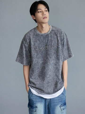 極仿舊石漂工藝落肩TEE (仿舊黑)